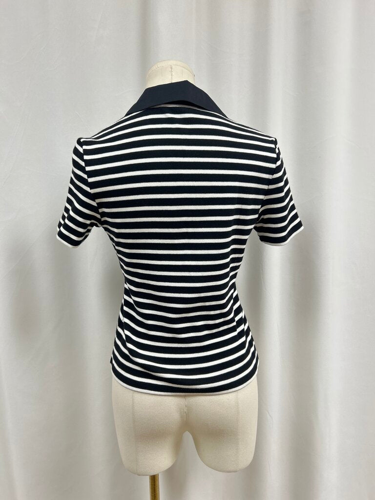 Veronica Beard Black and White Striped Ribbed Polo