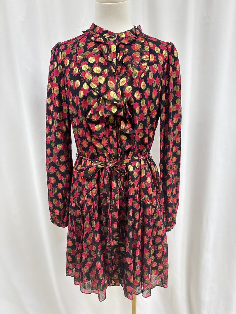 Saloni Black Pink and Gold Ruffle Mini Dress