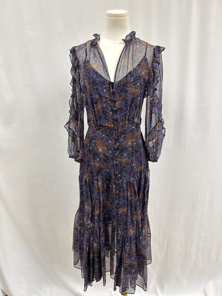 Veronica Beard Blue Floral Ruffle Chiffon Maxi Dress