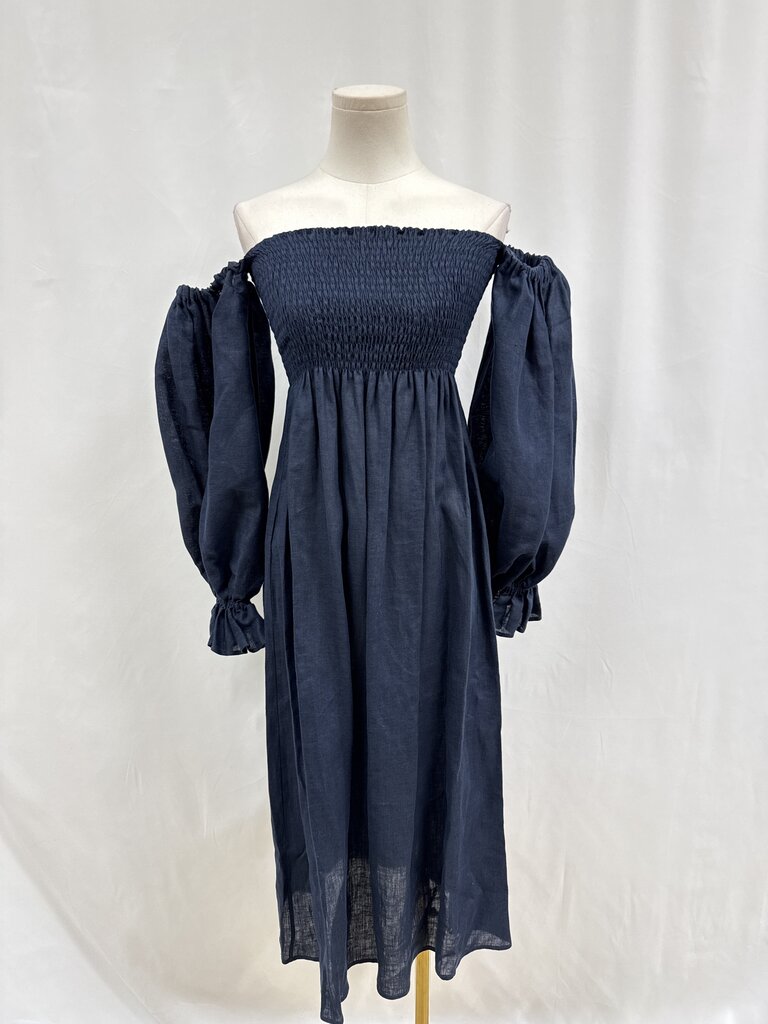 Sleeper Blue Linen Smocked Midi Dress