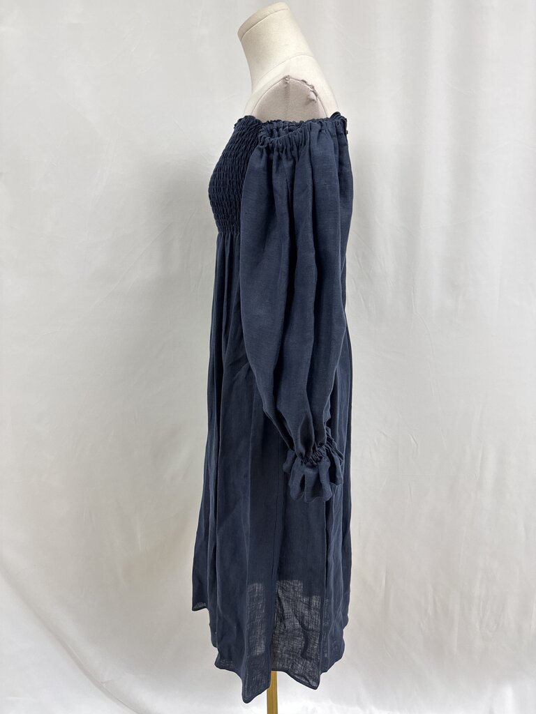 Sleeper Blue Linen Smocked Midi Dress