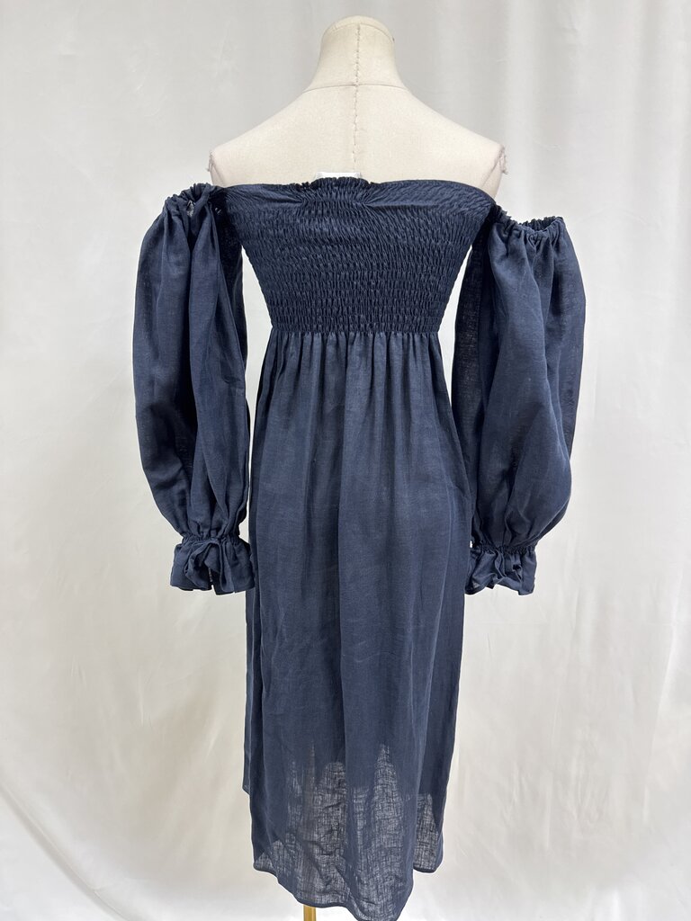 Sleeper Blue Linen Smocked Midi Dress