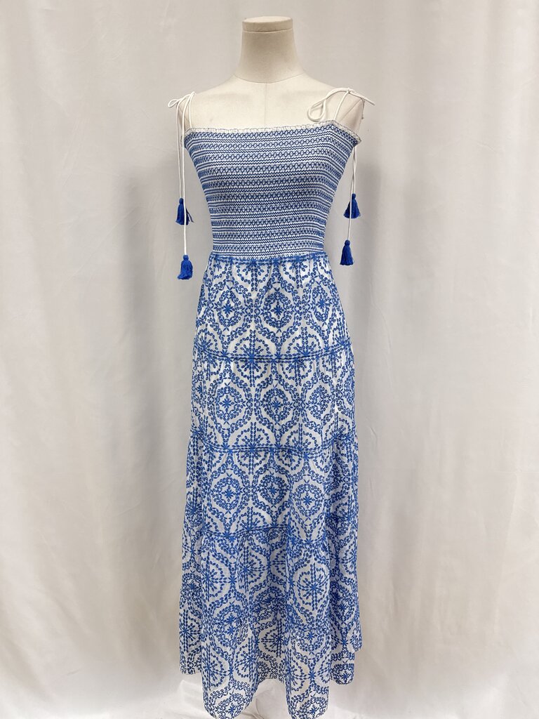 Alice + Olivia Blue and White Eyelet Ruched Strapless Sundress NWT