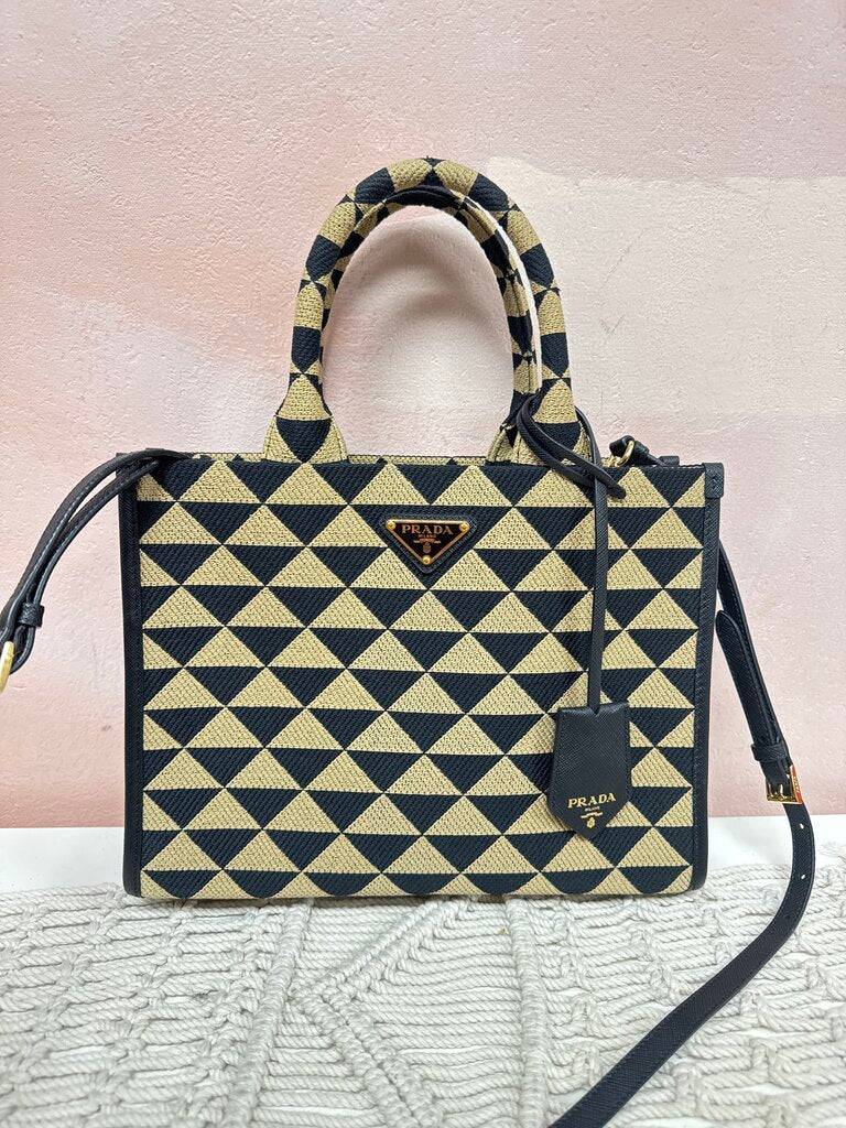 Prada Black and Tan Symbole Jacquard Saffiano Triangold Tote