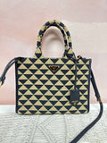 Prada Black and Tan Symbole Jacquard Saffiano Triangold Tote