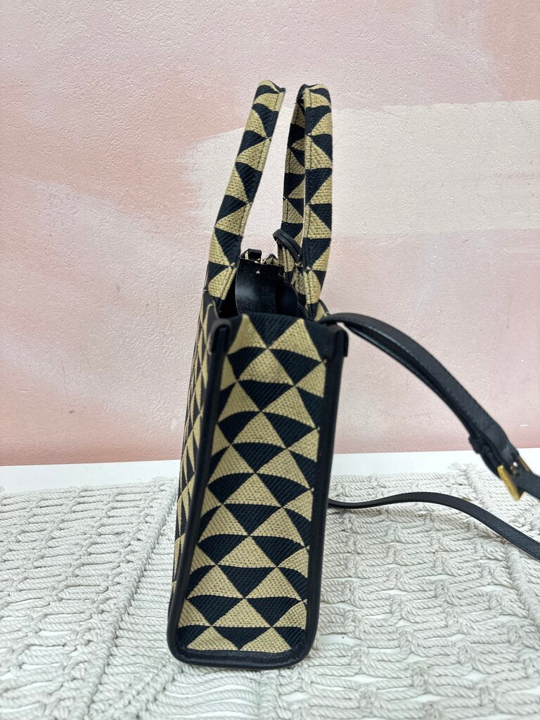 Prada Black and Tan Symbole Jacquard Saffiano Triangold Tote