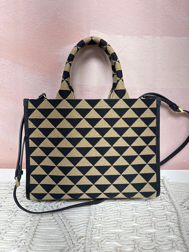 Prada Black and Tan Symbole Jacquard Saffiano Triangold Tote