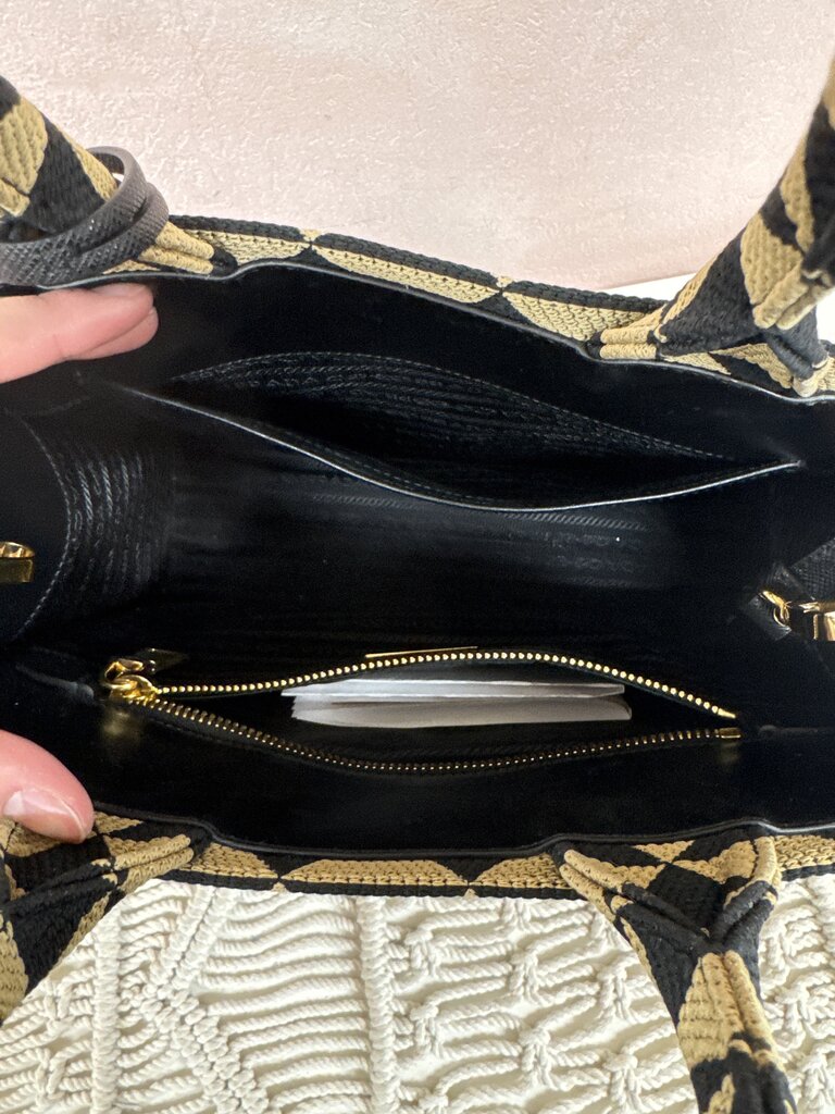 Prada Black and Tan Symbole Jacquard Saffiano Triangold Tote