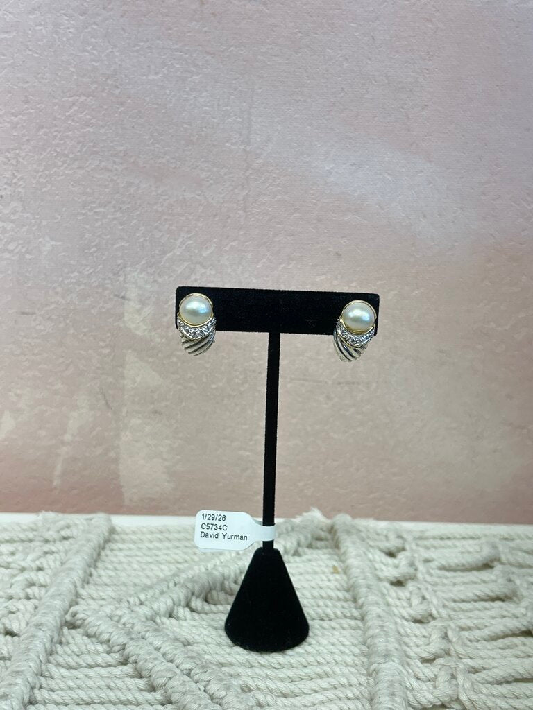 David Yurman Silver Diamond and Pearl Shrimp Clip Vintage Earring