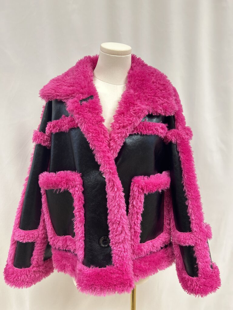 Stand Studio Black and Pink Faux Fur Jacket