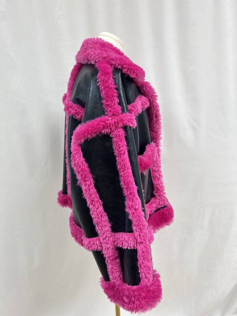 Stand Studio Black and Pink Faux Fur Jacket