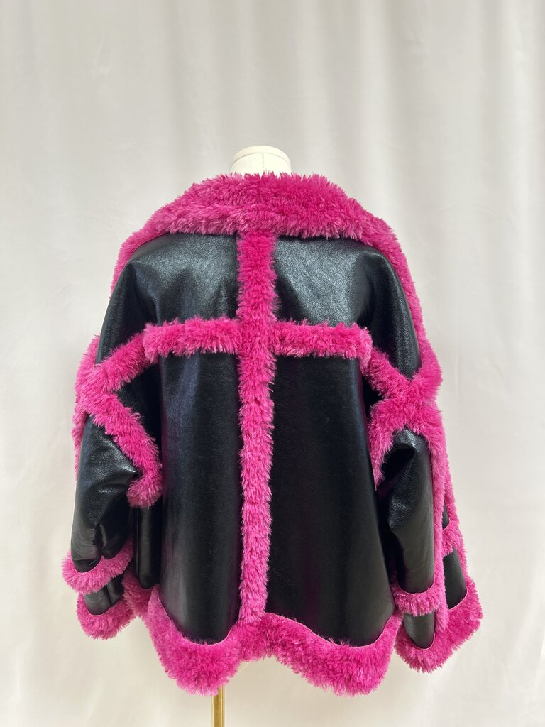 Stand Studio Black and Pink Faux Fur Jacket