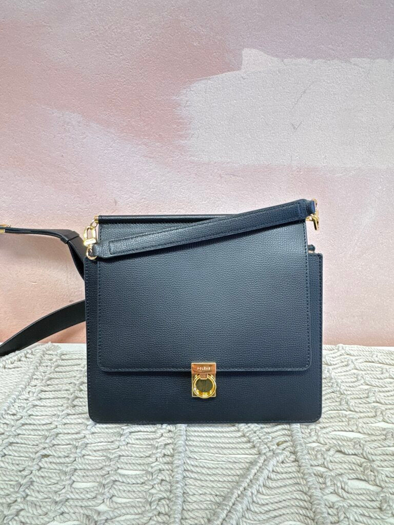 Polene Black Textured Flap Shoulder Bag w/Dustbag