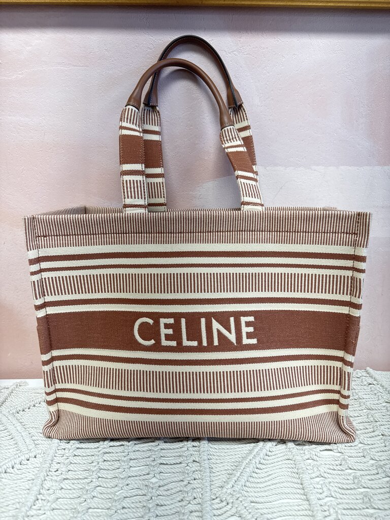 Celine Brown Striped Canvas Cabas Thais Tote