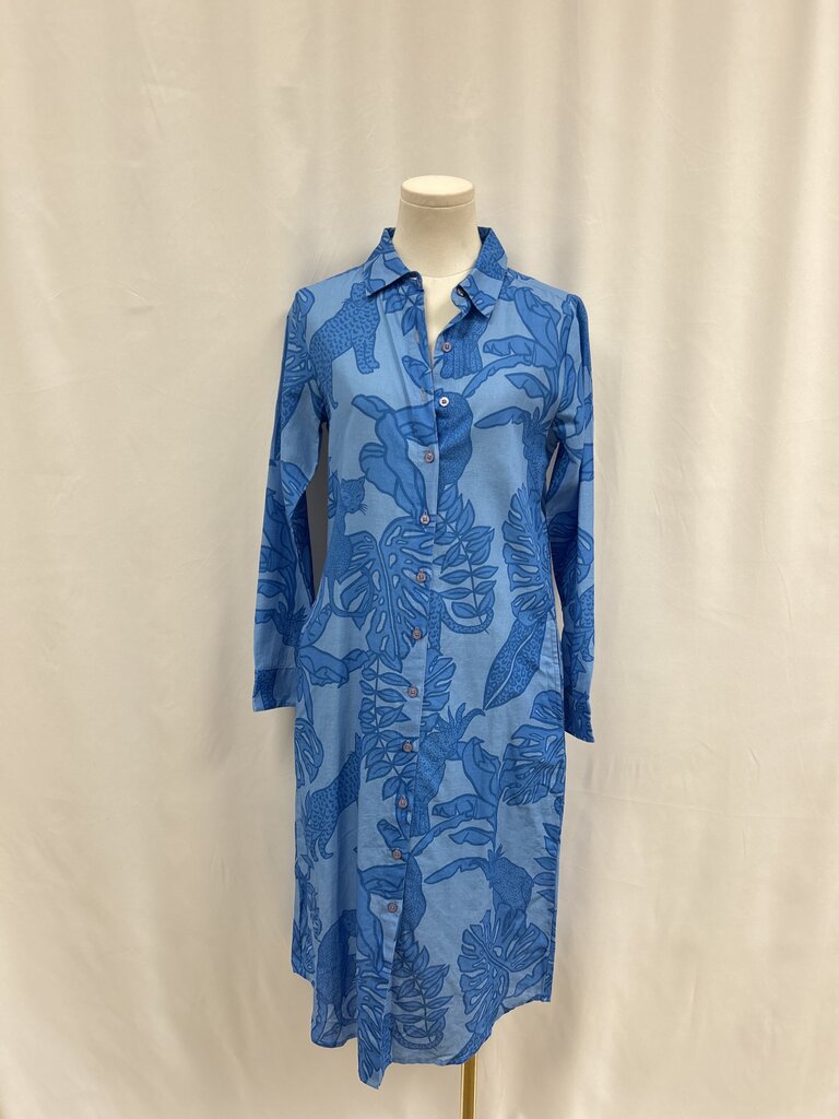 Las Surenas Blue Leopard Linen Button Up Dress