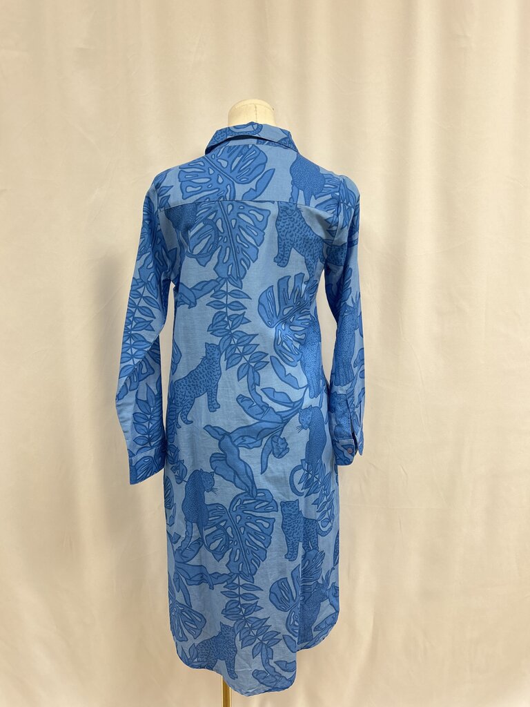 Las Surenas Blue Leopard Linen Button Up Dress