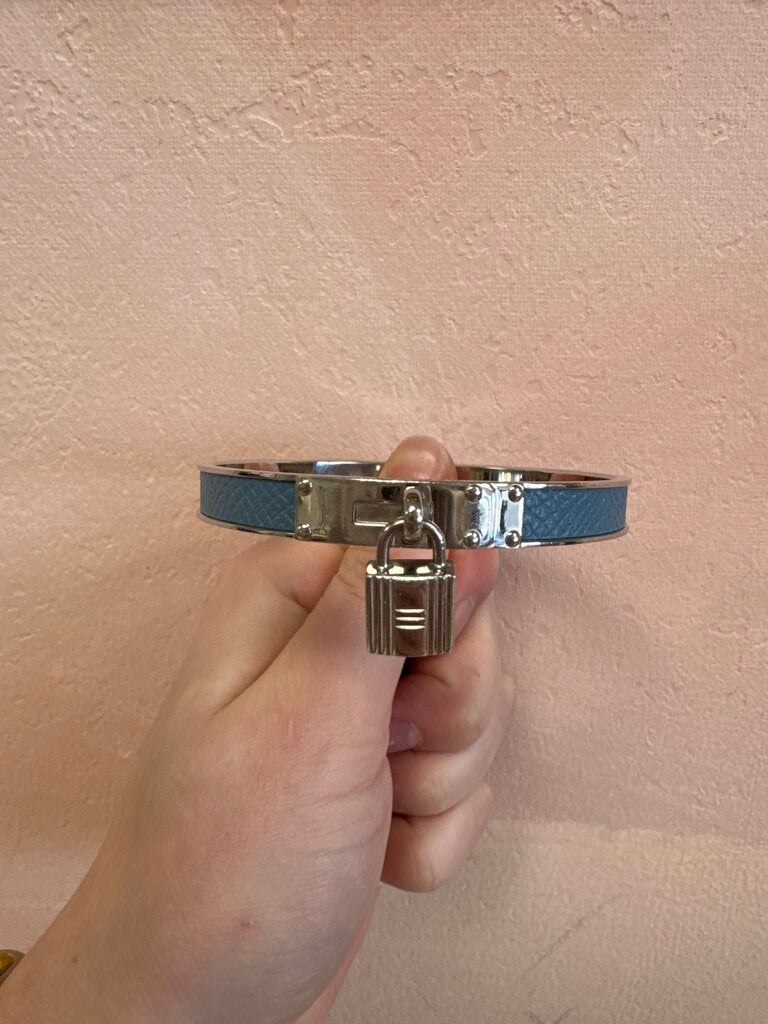 Hermes Slate Blue Leather Kelly H Lock Bangle w/Box