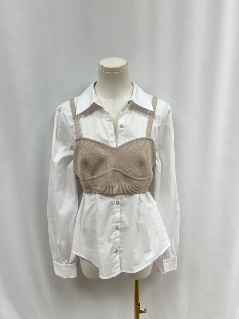 Cinq a Sept White Button Up w/Knit Bra Overlay NWT