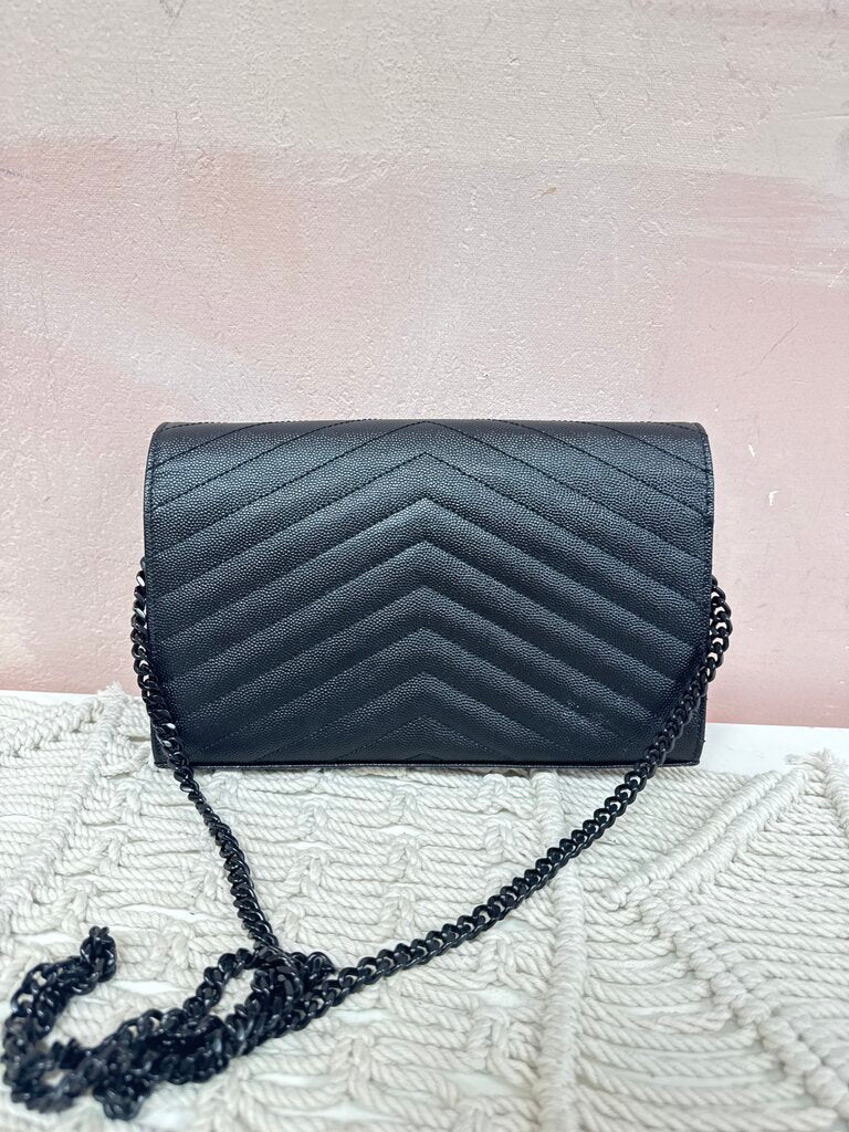 YSL Black Classic Cassandre Chain Wallet in Grain de Poudre Leather (In Stores $1690)