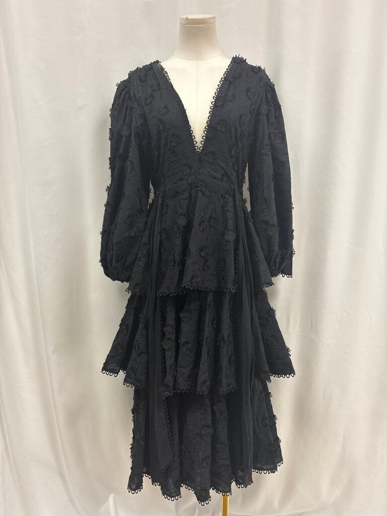 Farm Rio Black Embroidered Tiered Ruffle Maxi Dress