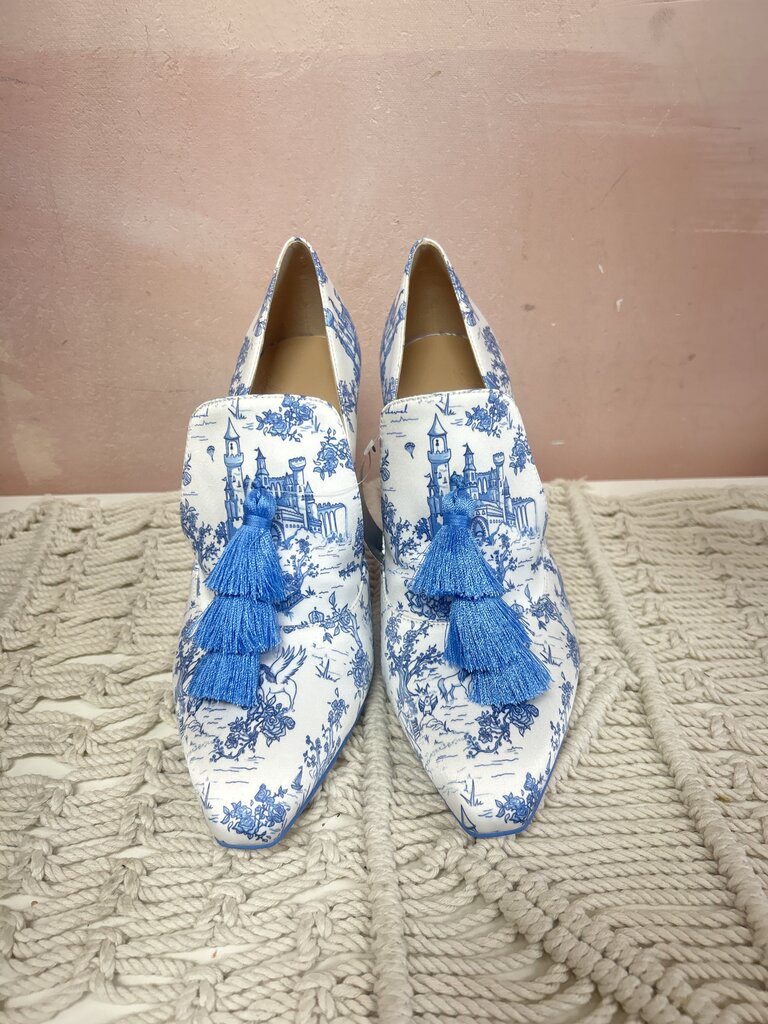 She is Cheval by Hayley Paige Blue Toile Tassel Heel w/Box NWT