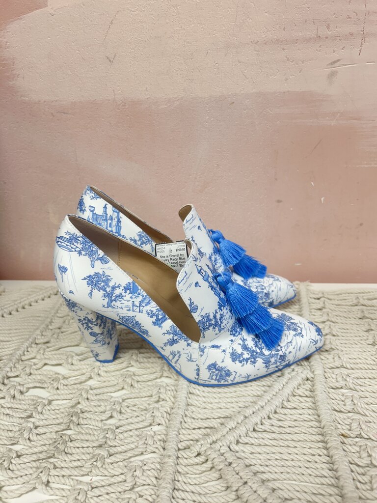 She is Cheval by Hayley Paige Blue Toile Tassel Heel w/Box NWT