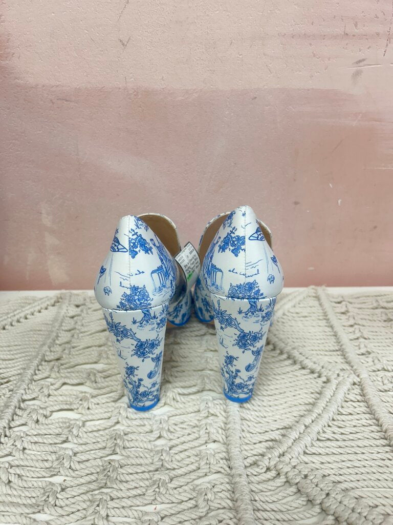 She is Cheval by Hayley Paige Blue Toile Tassel Heel w/Box NWT