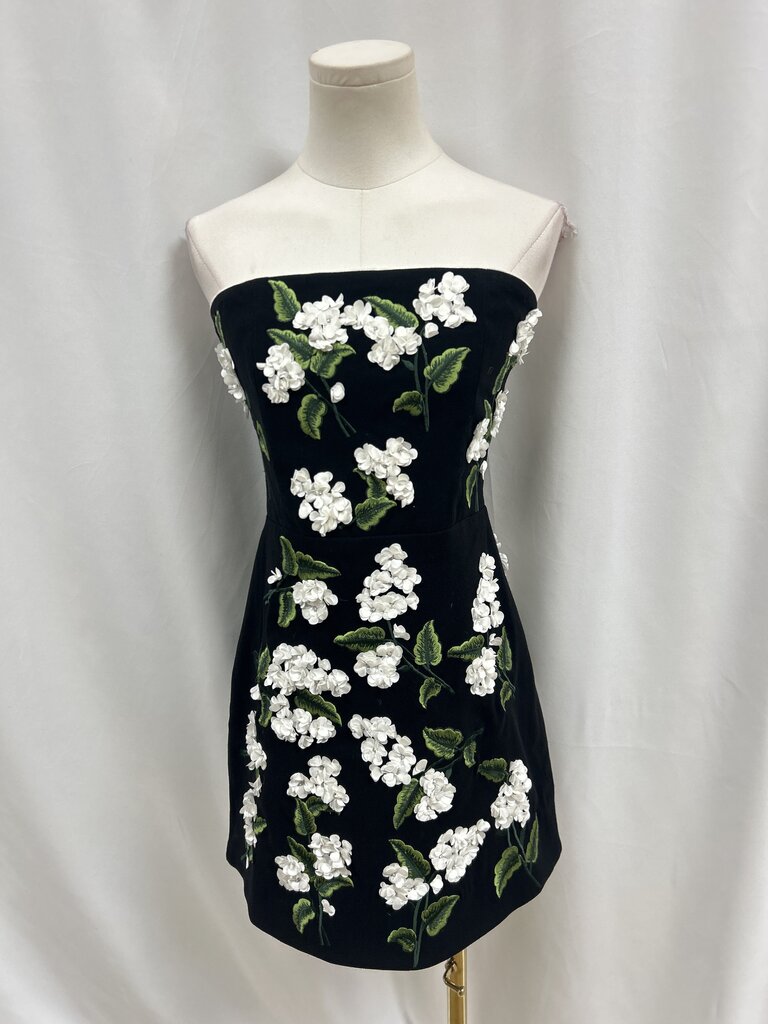 Alice + Olivia Black Floral Applique Strapless Dress NWT