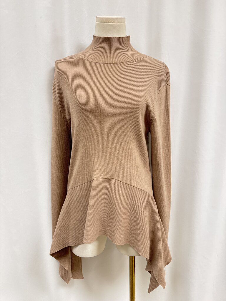 Adeam Tan Ribbed Mock Neck Asymmetrical Top