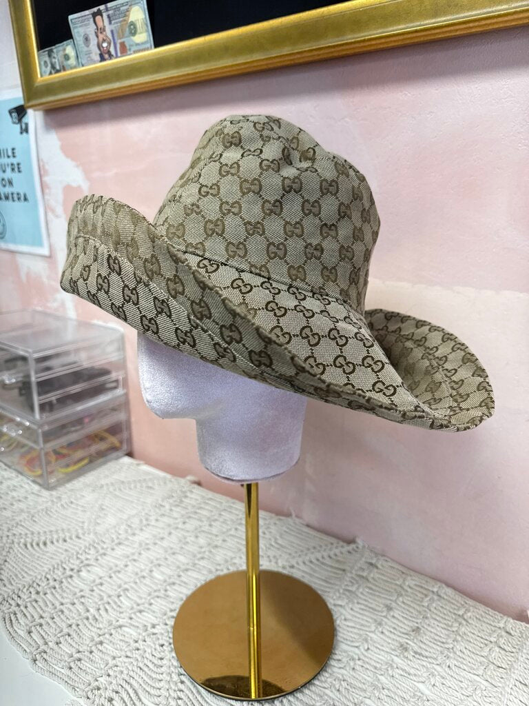 Gucci Logo Canvas Wide Brim Bucket Hat w/Bag