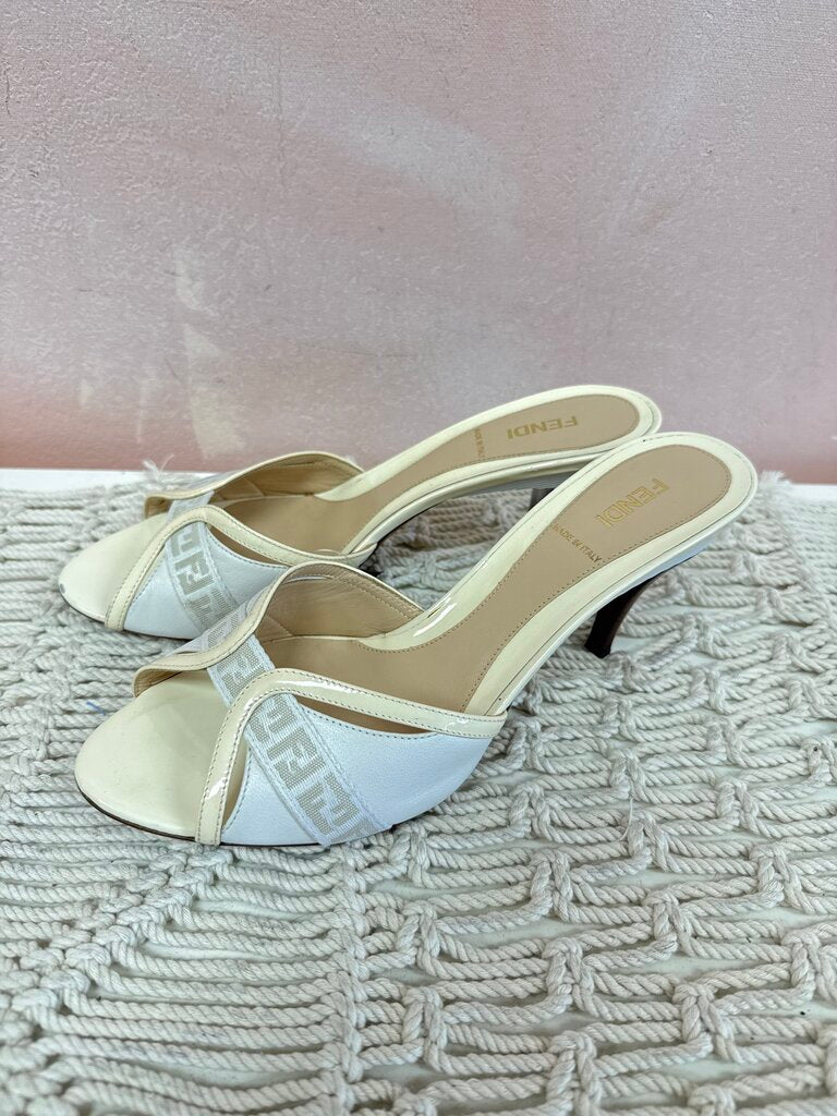 Fendi Cream Patent Open Toe Heel w/Box