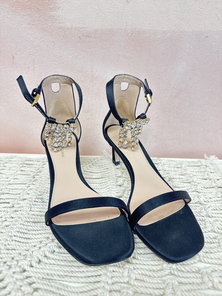 Stuart Weitzman Black Kitten Heel Embellished Sandal w/Box