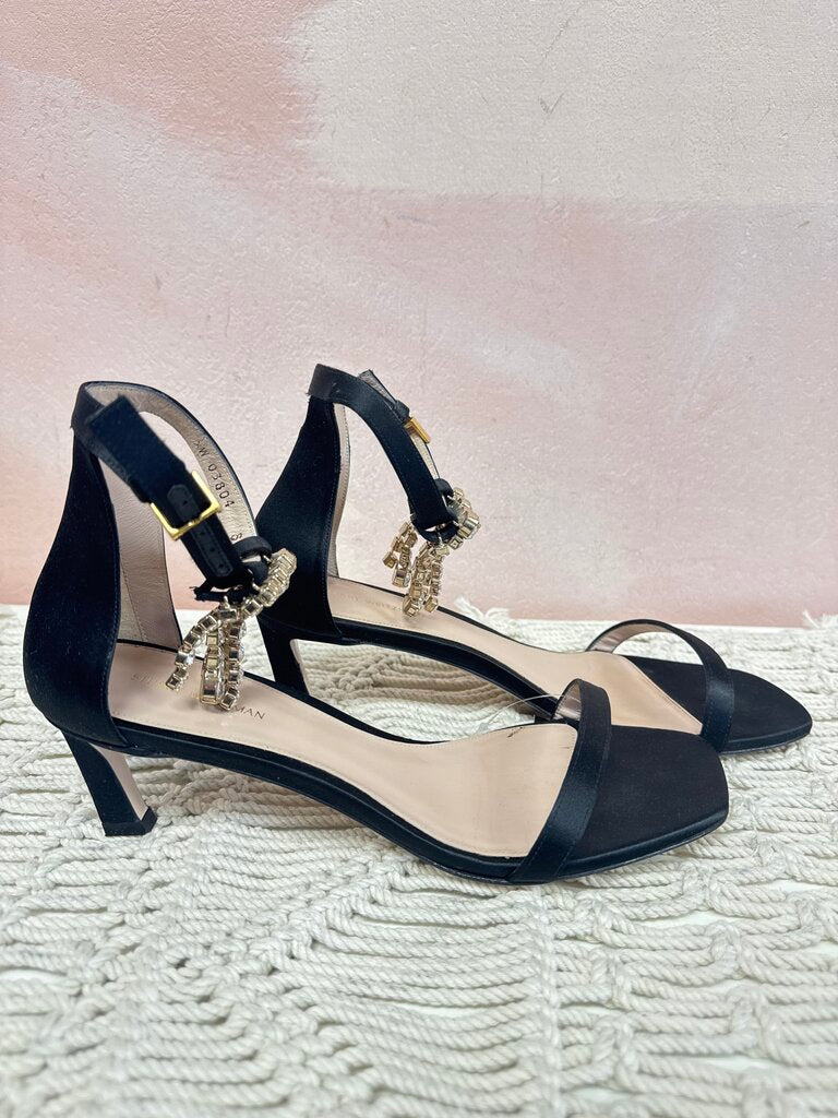 Stuart Weitzman Black Kitten Heel Embellished Sandal w/Box