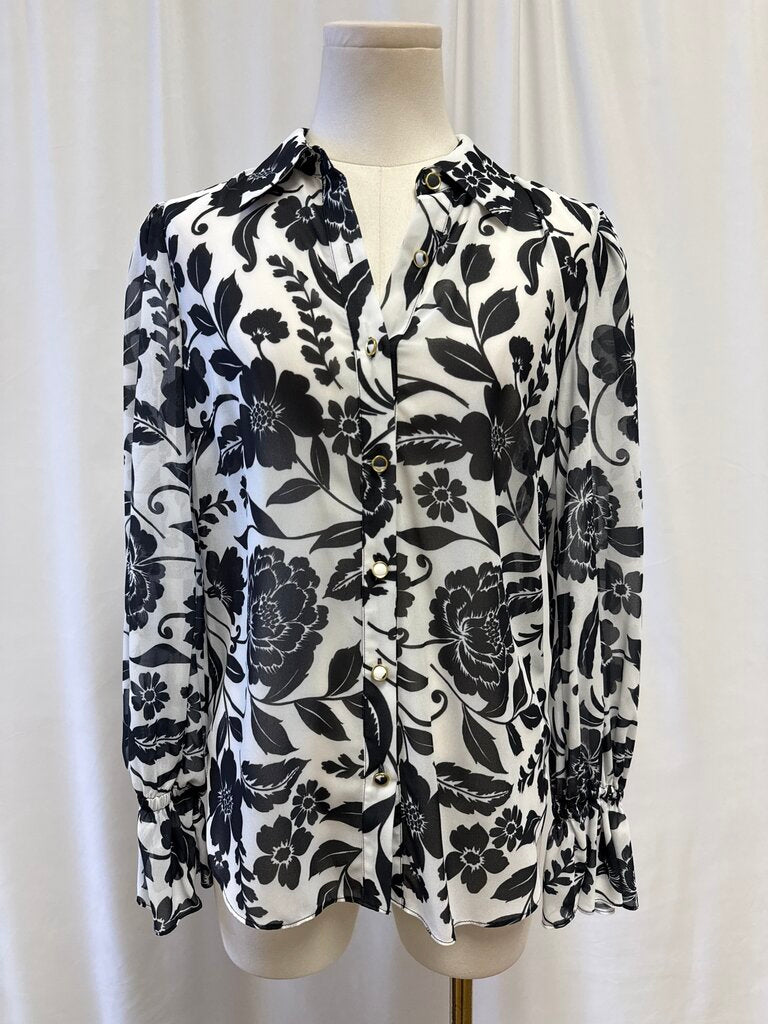 Milly Black and White Floral Sheer Button Up
