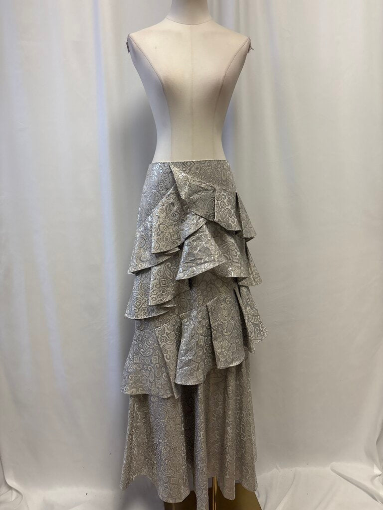 Alice + Olivia Silver Brocade Ruffle Maxi Skirt