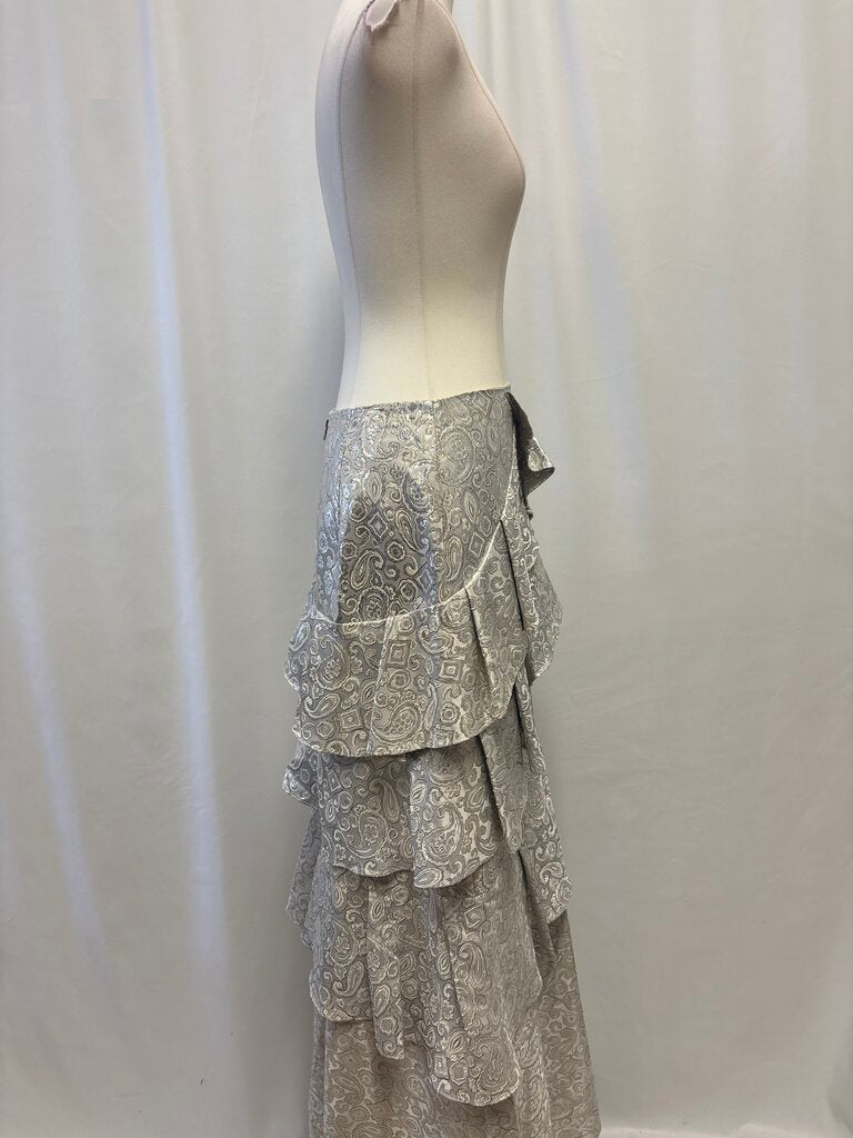 Alice + Olivia Silver Brocade Ruffle Maxi Skirt