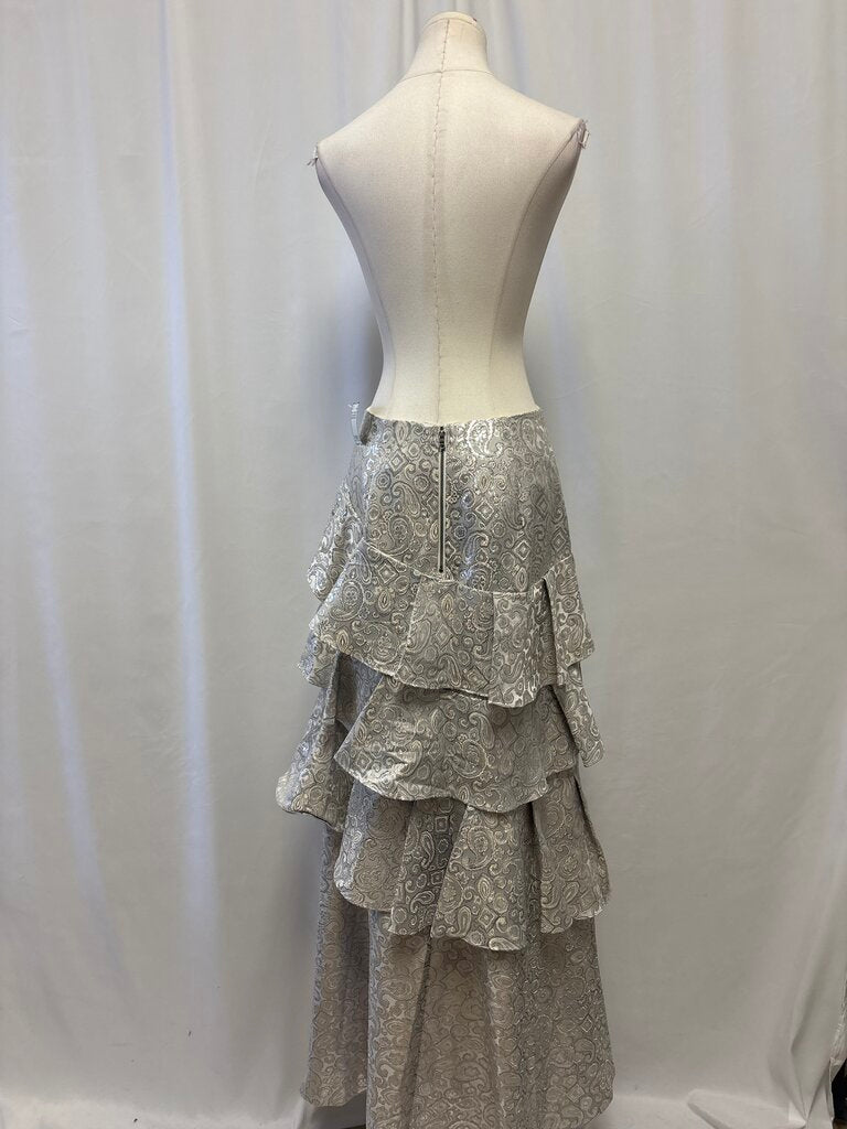 Alice + Olivia Silver Brocade Ruffle Maxi Skirt