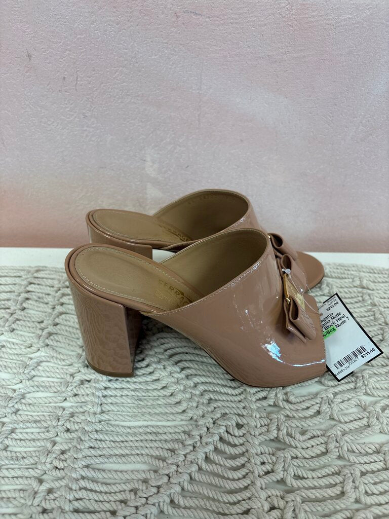 Ferragamo Nude Patent Block Heel Mule w/Box