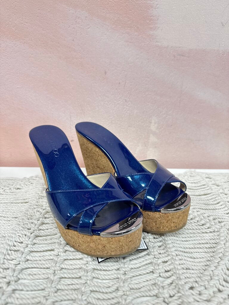 Jimmy Choo Blue Glitter Patent Wedge w/Box