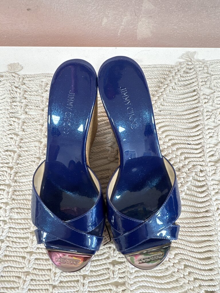 Jimmy Choo Blue Glitter Patent Wedge w/Box