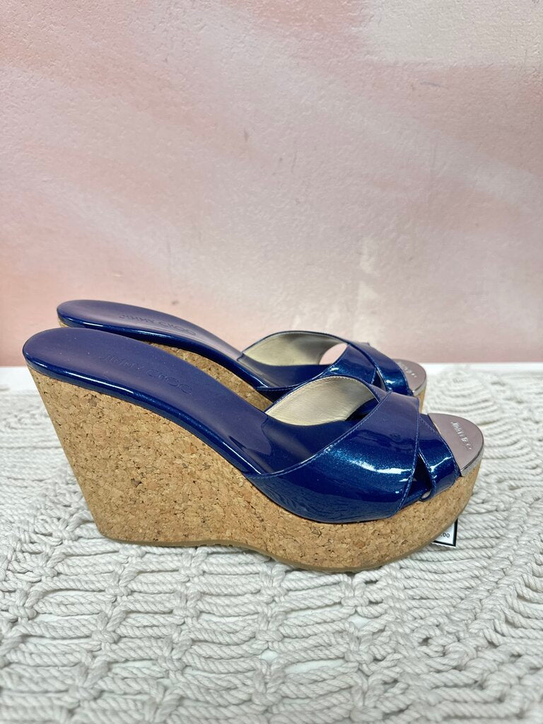 Jimmy Choo Blue Glitter Patent Wedge w/Box