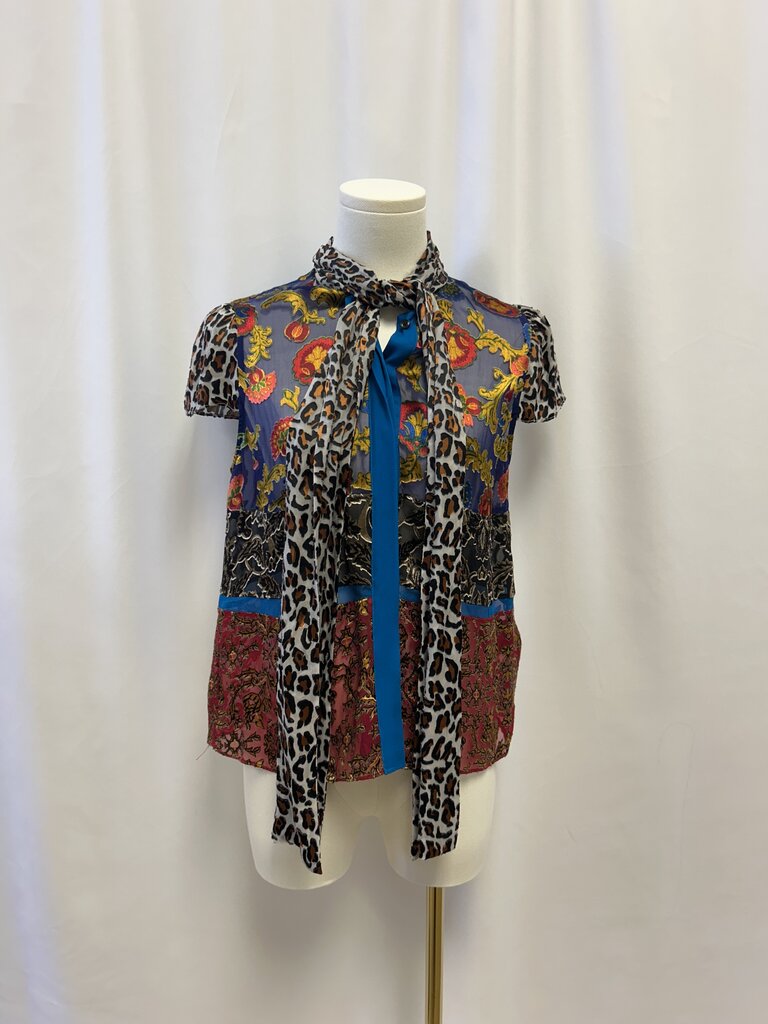 alice + olivia Blue Floral and Animal Print Tie Front Sleeveless Blouse