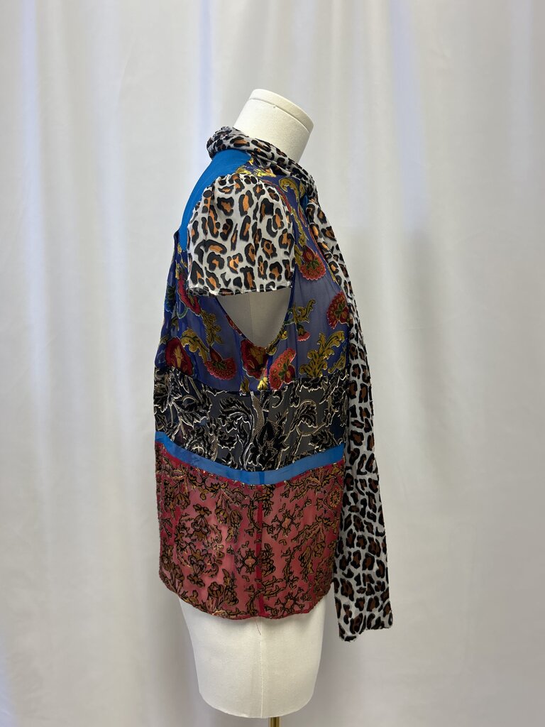 alice + olivia Blue Floral and Animal Print Tie Front Sleeveless Blouse