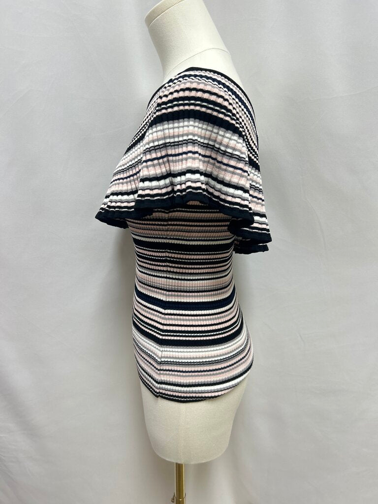 Milly Pink Striped Knit Ribbed Off the Shoulder Top