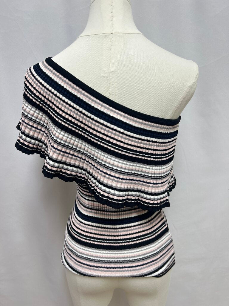 Milly Pink Striped Knit Ribbed Off the Shoulder Top