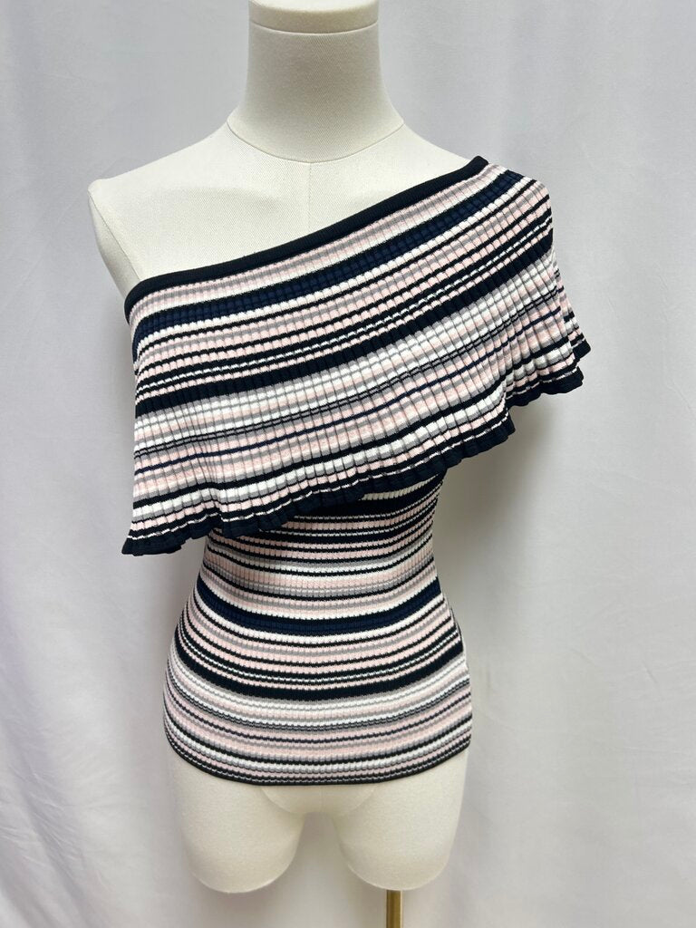 Milly Pink Striped Knit Ribbed Off the Shoulder Top