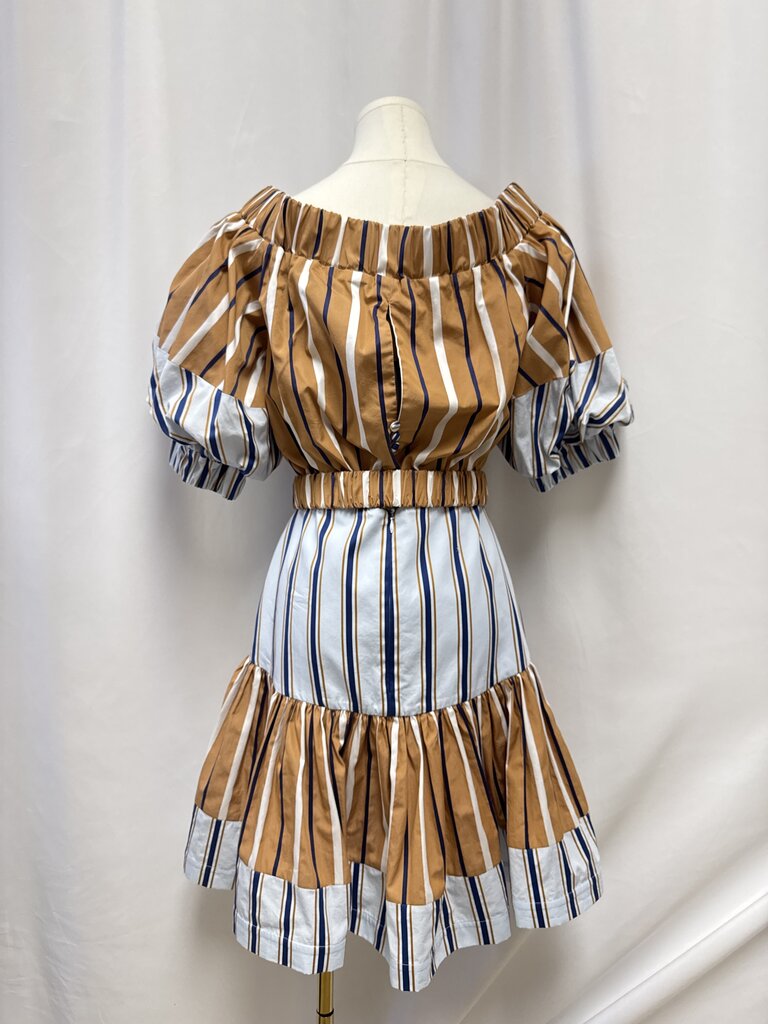 Silvia Tcherassi Tan Striped Belted Off the Shoulder Dress