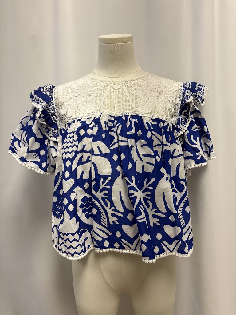 Farm Rio Blue Lace Printed Cropped Blouse