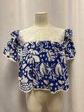 Farm Rio Blue Lace Printed Cropped Blouse