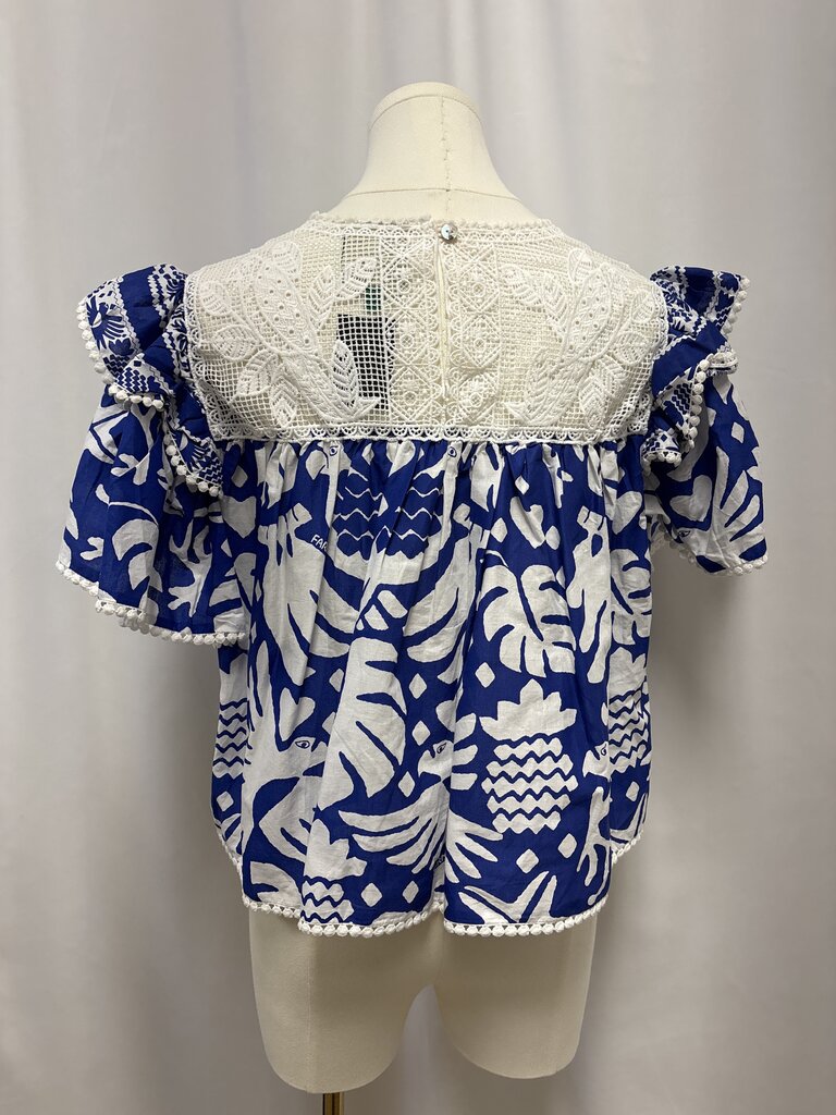 Farm Rio Blue Lace Printed Cropped Blouse